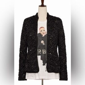 Vintage sequin textured expanding black zip jacket. L